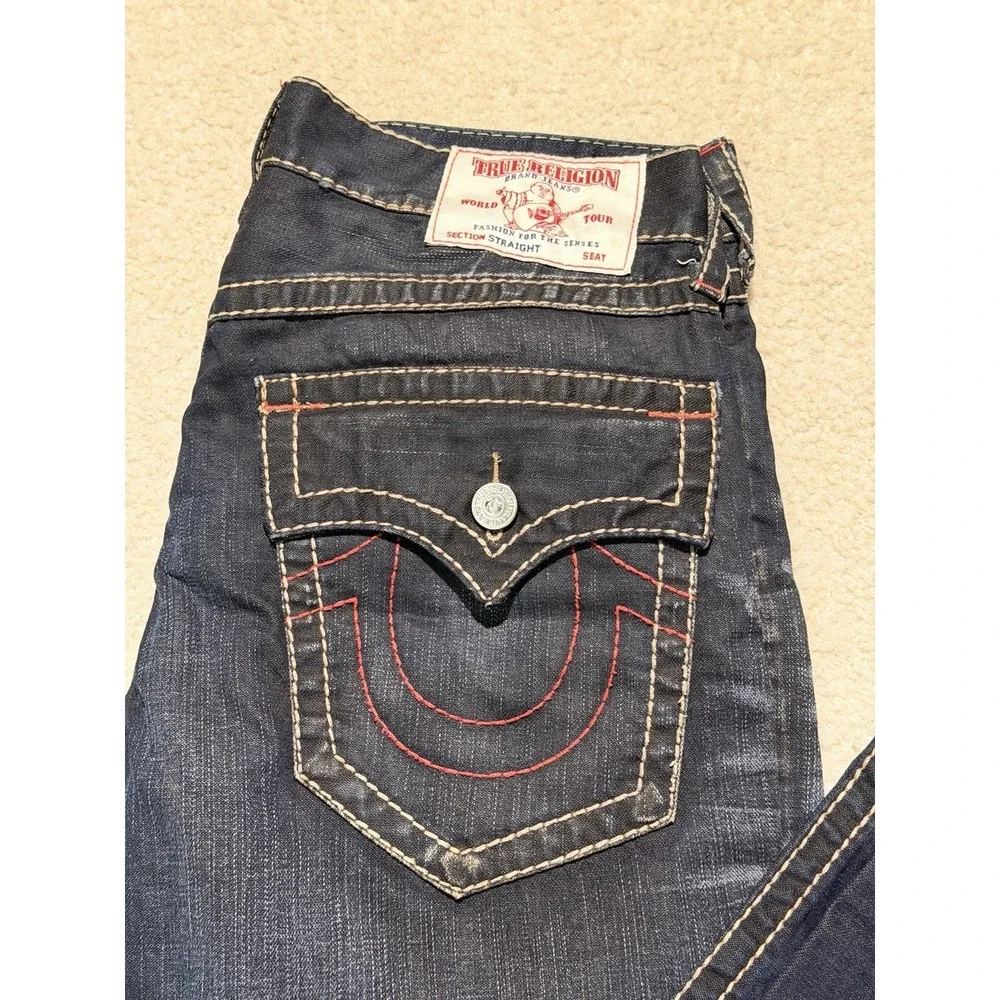 True Religion Straight Jeans Men's 34 Dark Wash Red Stitch Flap Pocket Y2K Denim